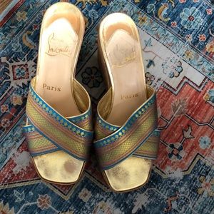 PreOwned Christian Louboutin Maichor Cork Wedge Slide BROCADE Multi Color, sz37